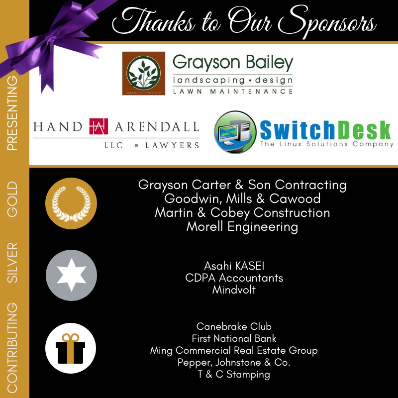 foundation_acs's tweet photo. We are grateful to all the #TOY18 Gratitude Banquet sponsors for their support! Together we make a difference! @PepperJohnstone @CanebrakeClub @CDPApc @mindvolt @goodwynmills @martinandcobey https://t.co/KZPP65WsJN