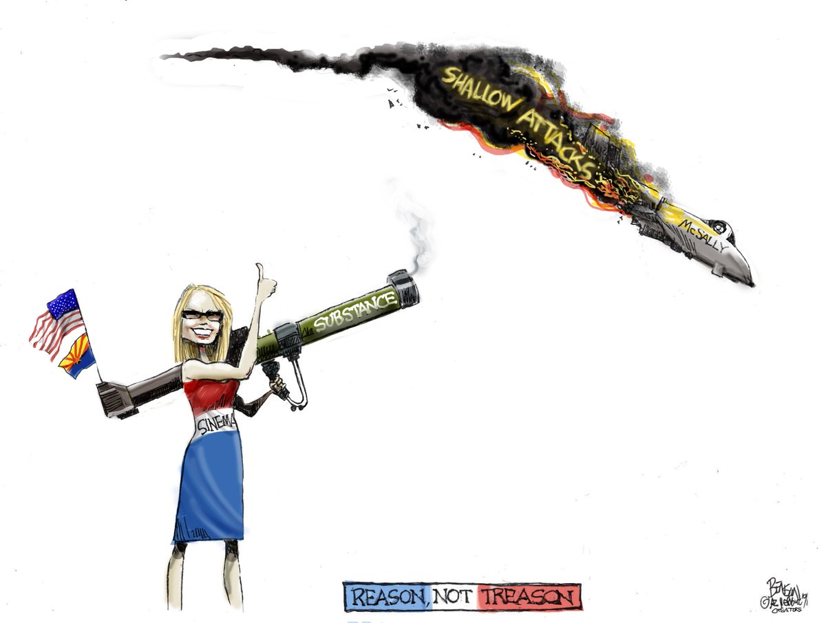 Arizona Republic cartoonist Steve Benson depicts Kyrsten Sinema shooting down Martha McSally with Uzi