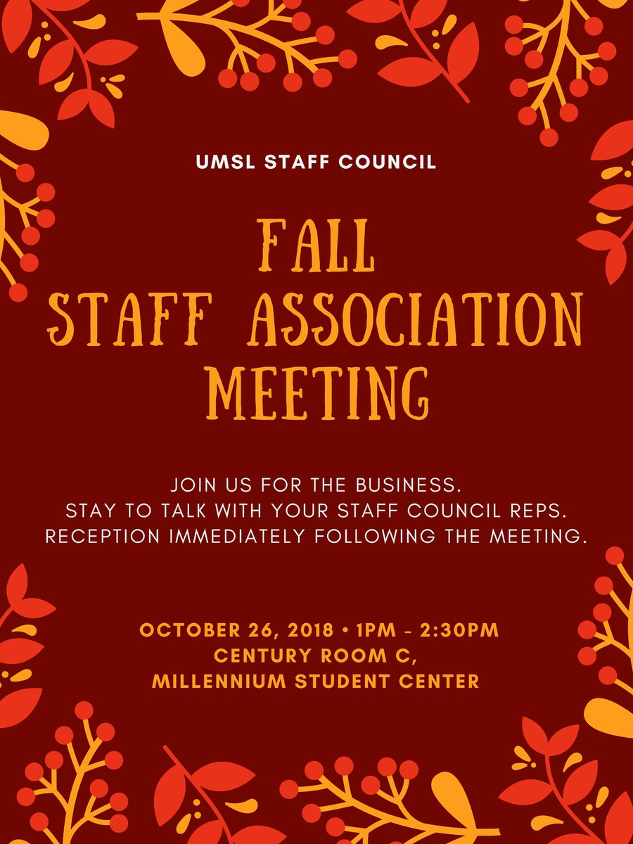 UMSL Staff Association (@umslstaff) on Twitter photo Hey, UMSL Staff, next Friday is our Fall Staff Association Meeting. Join us <a href="/UMSLMSC/">UMSL Millennium Student Center</a> on 10/26/18 at 1pm. Come for the meeting. Stay to meet your Staff Council Reps! Hey, UMSL Staff, next Friday is our Fall Staff Association Meeting. Join us <a href="/UMSLMSC/">UMSL Millennium Student Center</a> on 10/26/18 at 1pm. Come for the meeting. Stay to meet your Staff Council Reps!