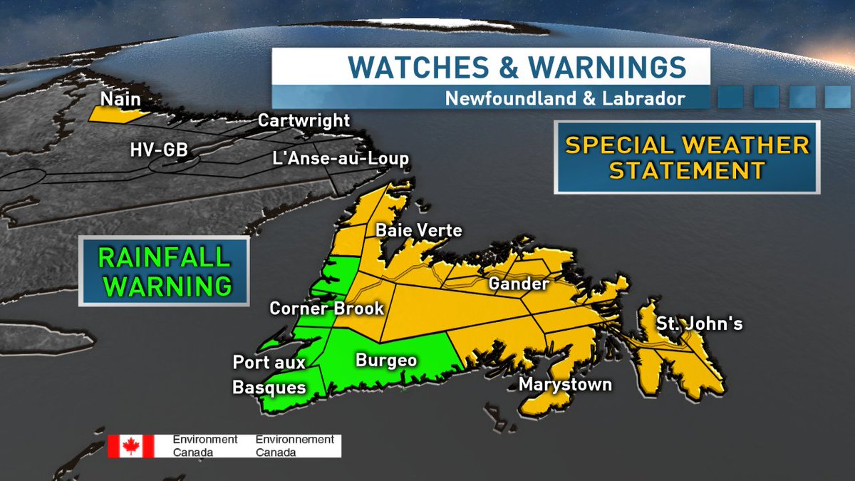 a_brauweiler's tweet photo. Wonder why there's a special weather statement and rainfall warnings in place? Take a look at what the models are spitting out. Bullseye of 175-200 mm for parts of the interior through Monday morning. #nlwx https://t.co/nnxASyRl4a