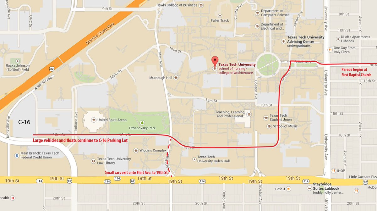 REMINDER: homecoming parade begins at 6pm tonight- there will be a bit of a parking dilemma &amp; a few roads will be closed. Enter from the far end of Flint Avenue from Drive of Champions to park in lot R05 by the MCOM building. See attached map for details on route.