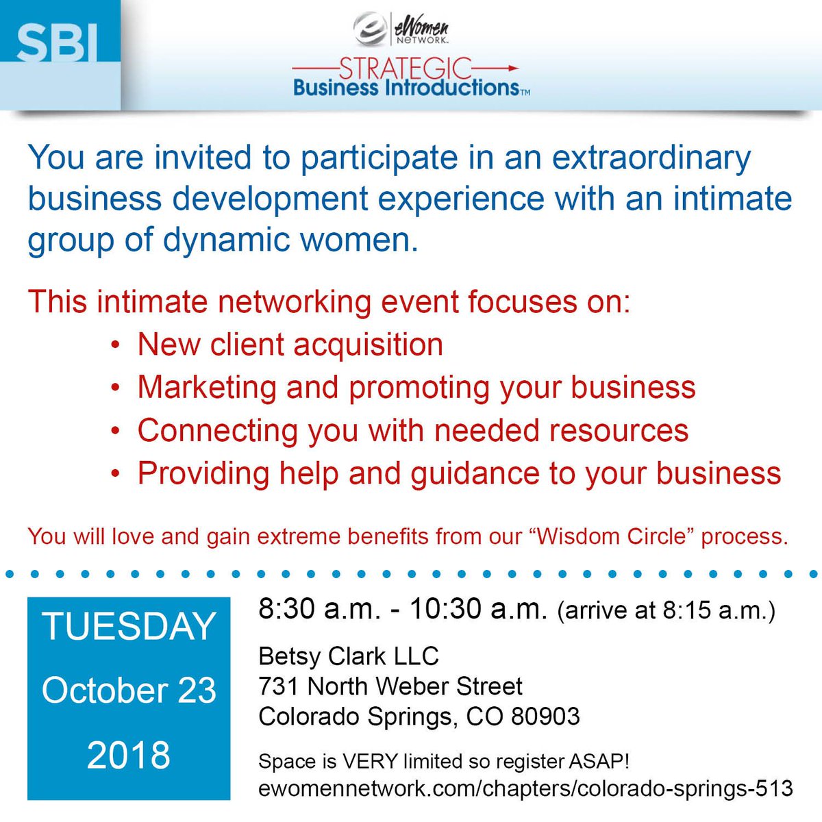 eWNColoSprings's tweet photo. 10-23-18 Strategic Business Introductions! You are invited to participate in an extraordinary business development experience with an intimate group of dynamic women. | Details ---> https://t.co/3nmiq1SQJl https://t.co/oQN3Q8yXls