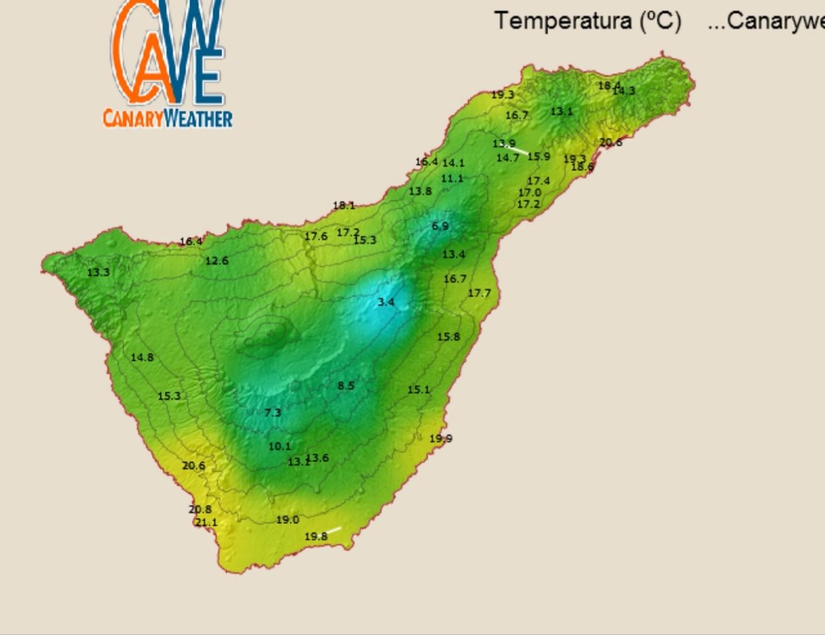 Buenas madrugadas, 4:00 a.m. de la madrugada, podemos comprobar como las primeras lluvias de la temporada traen temperaturas bastante bajas, en Izaña 3'4 C°. Estimamos que las lluvias vayan remitiendo a lo largo de este Sábado, a la espera de un nuevo episodio a partir del Lunes.
