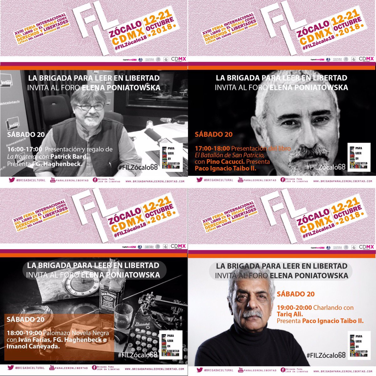 Sábado 20
Foro Elena Poniatowska 
#FILZocalo68 
<a href="/calacasjazzband/">Calacas Jazz Band</a> @FajardoJM <a href="/monocordio/">Fernando Rivera C.</a> <a href="/pepegordon/">Jose Gordon</a> @ImanolCaneyada <a href="/ivanfariasc/">Iván Farías</a> <a href="/PinoCacucci1/">pino cacucci</a> <a href="/paco_alvarado/">paco alvarado</a> #PatrickBard <a href="/TariqAli/">Tariq</a> <a href="/verollaca/">Verónica Llaca</a> <a href="/rosaluxmexico/">Rosalux México</a> #FGHaghenbeck #FritzGlockner