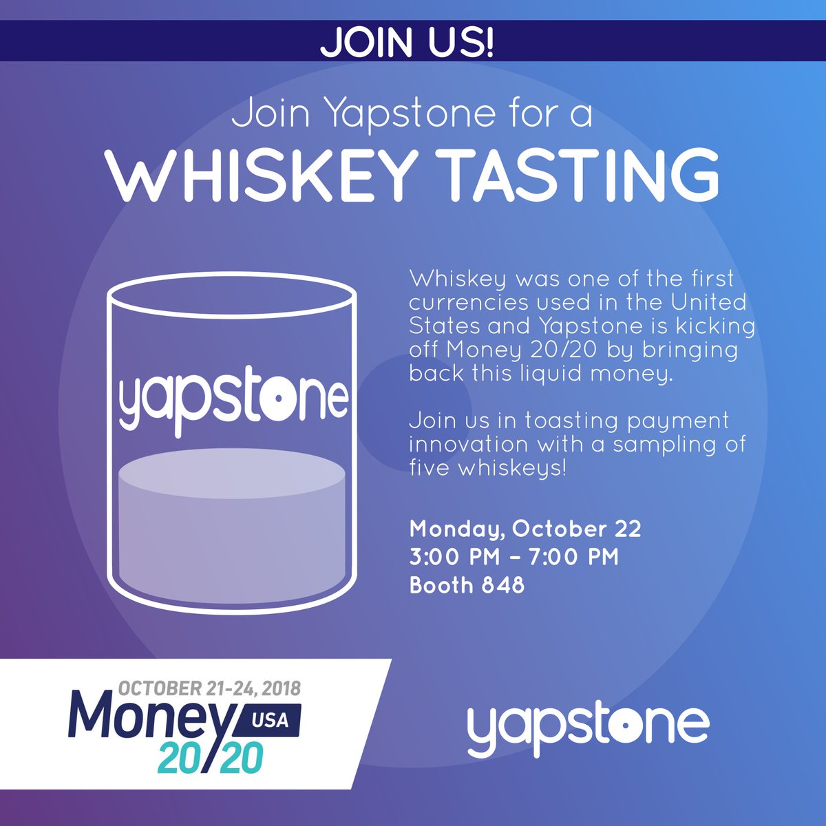 Did you know whiskey was used as currency shortly after the US Revolutionary War? Join us at our whiskey tasting event at #Money2020!

#Yapstone #Fintech