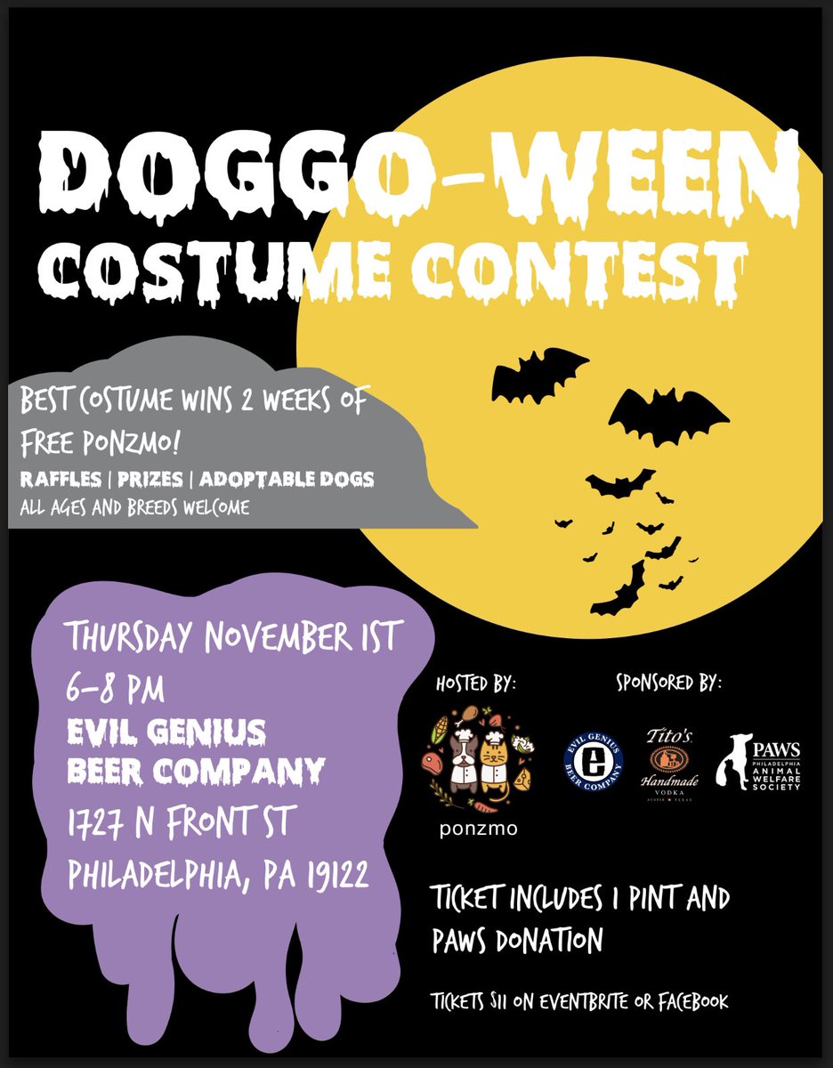 canibringdogs's tweet photo. DOGS IN COSTUMES 
Nov 1, 6-8p @EvilGeniusBeer 
Support epic shelter @phillypaws 
Free ponzmo and lots of raffles and other prizes. Gon be 🔥 https://t.co/eGiPwp8Qdc