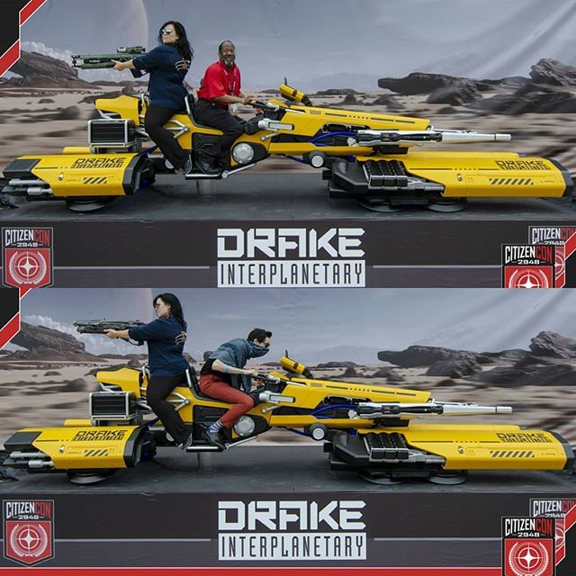 MzHartz's tweet photo. Just shooting people from the back of a space bike on a remote moon in the year 2948. Typical Wednesday. #starcitizen #drakeinterplanetary #drakedragonfly https://t.co/vx00C2Ao9Z https://t.co/z1C43lfe1L