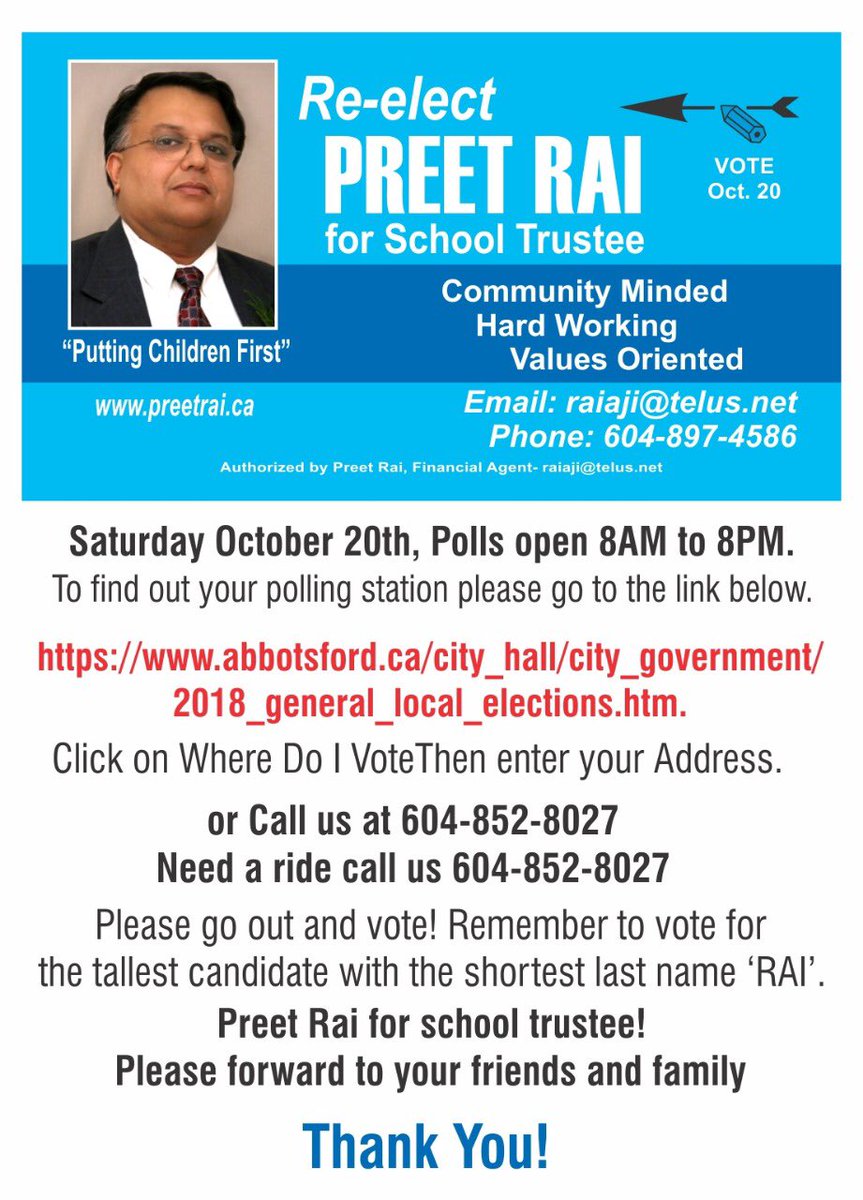 Tomorrow is the day! Get out and make your voice heard! Remember the tallest candidate with the shortest last name ‘RAI’