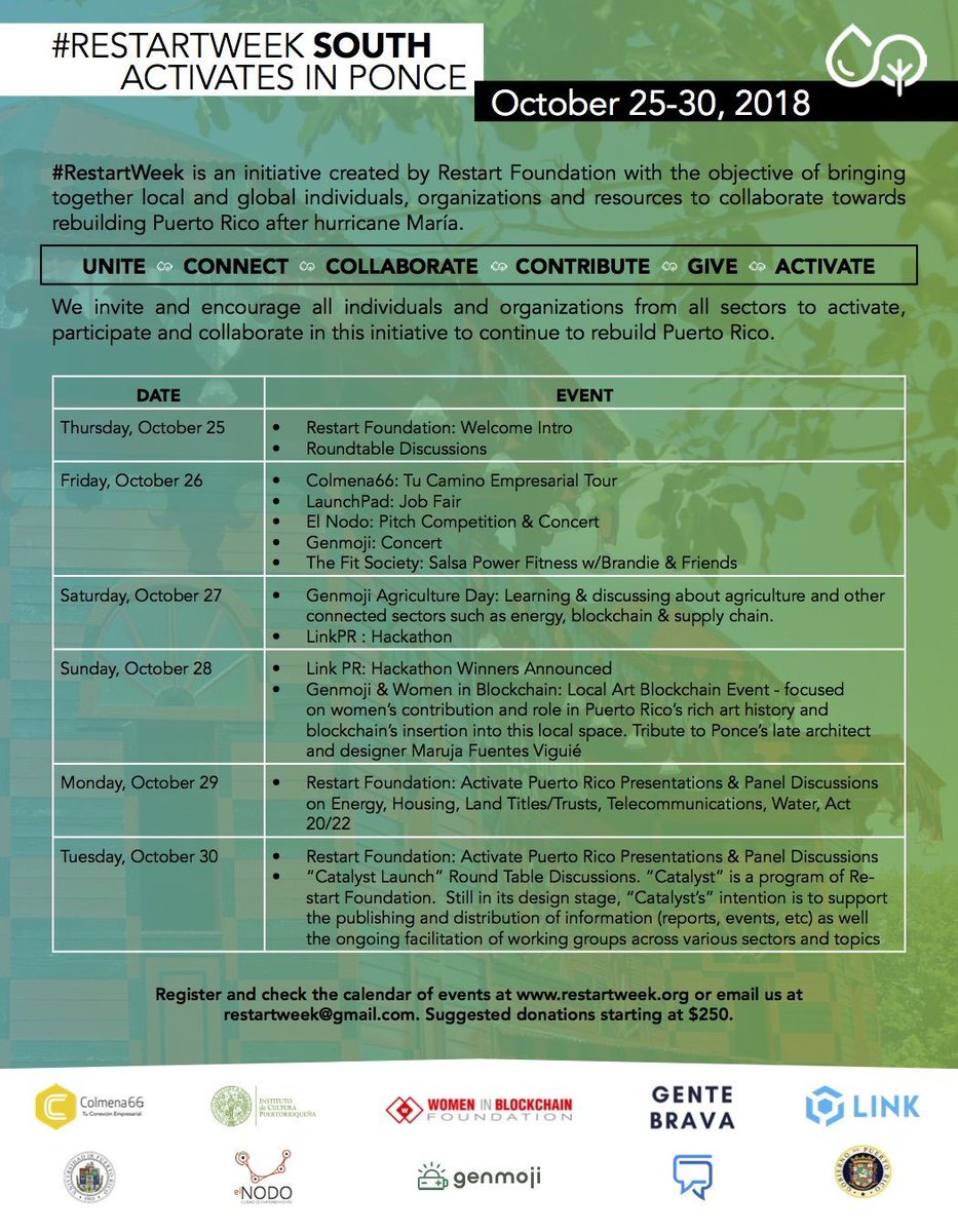 RestartWeek's tweet image. #RestartWeek brings together a diverse community of visionary leaders, entrepreneurs, students, and innovators that truly want to #ActivatePR 🇵🇷. Join us Oct 25-30 at #RestartWeekSouth in the grand town of Ponce and be part of this unique experience. Let’s make it happen!