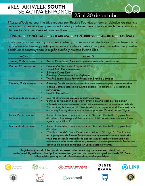 RestartWeek's tweet image. #RestartWeek brings together a diverse community of visionary leaders, entrepreneurs, students, and innovators that truly want to #ActivatePR 🇵🇷. Join us Oct 25-30 at #RestartWeekSouth in the grand town of Ponce and be part of this unique experience. Let’s make it happen!