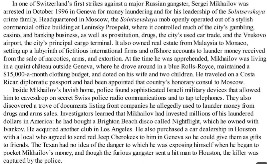 Global ConquestThe RU Mob was now fully entrenched as a powerful transnational force, they began to infiltrate political parties/pols in the US and abroad. In 96 Swiss authorities arrested Solntsevskaya OC boss Mikhas, but after 2 years in jail he was ultimately acquitted.