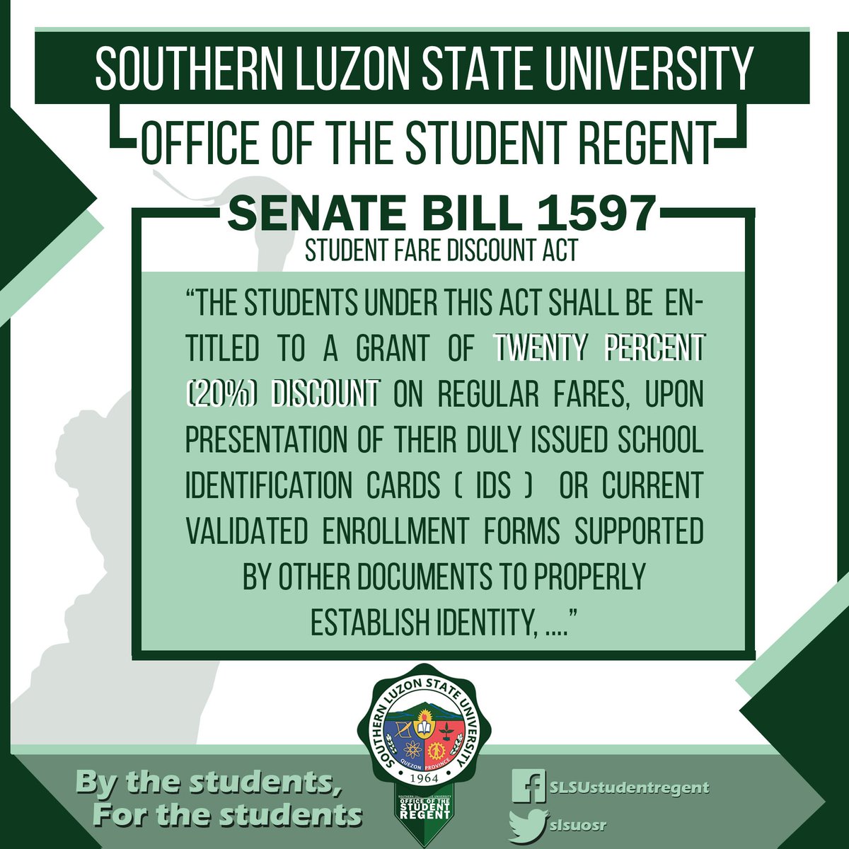 slsuOSR's tweet photo. [20% FARE DISCOUNT]

Green Rangers, know your right! 
This is your defense to all the abusive drivers who don't give discounts just because it's holiday, weekend, or vacation. Especially now that the minimum fare is raised by 2 pesos. Defend your right by showing this memorandum! https://t.co/1Z0vz5fsRo