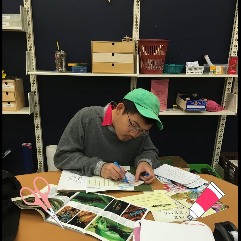 sunynplibrary's tweet image. Today’s #StudyStyle patron is Julian! Here he is making a zine in the library’s Create Space, which he loves to visit for study breaks during long 6 hour library days. 
#npsocial #nplibrary #peacelovelibrary