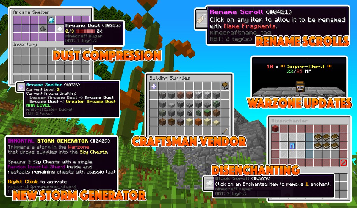 PlaySkybounds's tweet image. OCTOBER UPDATE {Week 3}
------------------
Warzone Update 💀
Disenchanting 🧙‍♂️
Rename Scroll 📜
Dust Compression 🔥
Immortal Storm Generator ⛈️
Craftsman Vendor 🛠️
Coinflip 🎰 

More Information Here:
savage.games/changelog/

Donation Store Link:
shop.savage.games