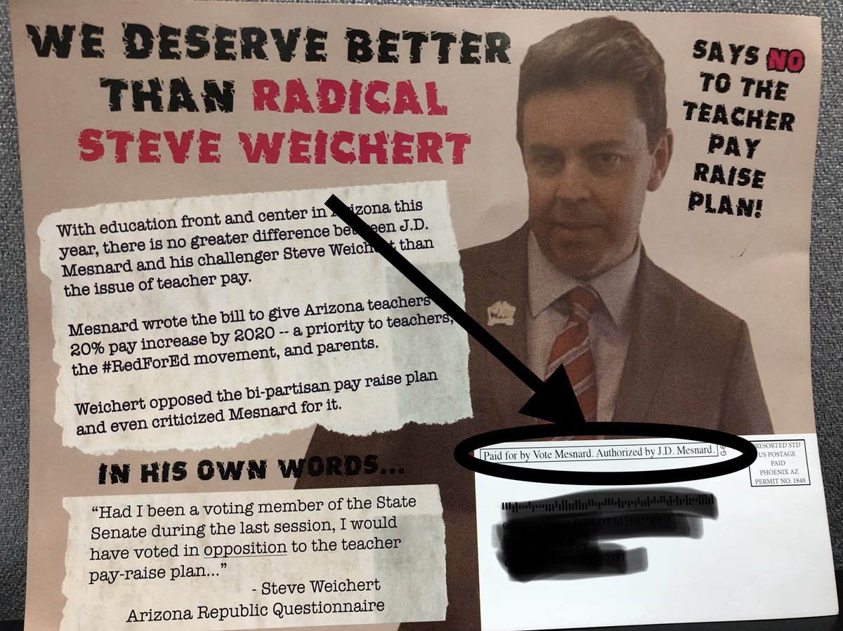 SteveWeichert's tweet photo. So, hereโs the current attack mailer against me... paid for directly by @JDMesnard himself. Of course, heโs dishonestly taken my words directly and cynically out of context (after personally agreeing with me that we would refrain from personal attacks). https://t.co/CdlrFt9ZN2