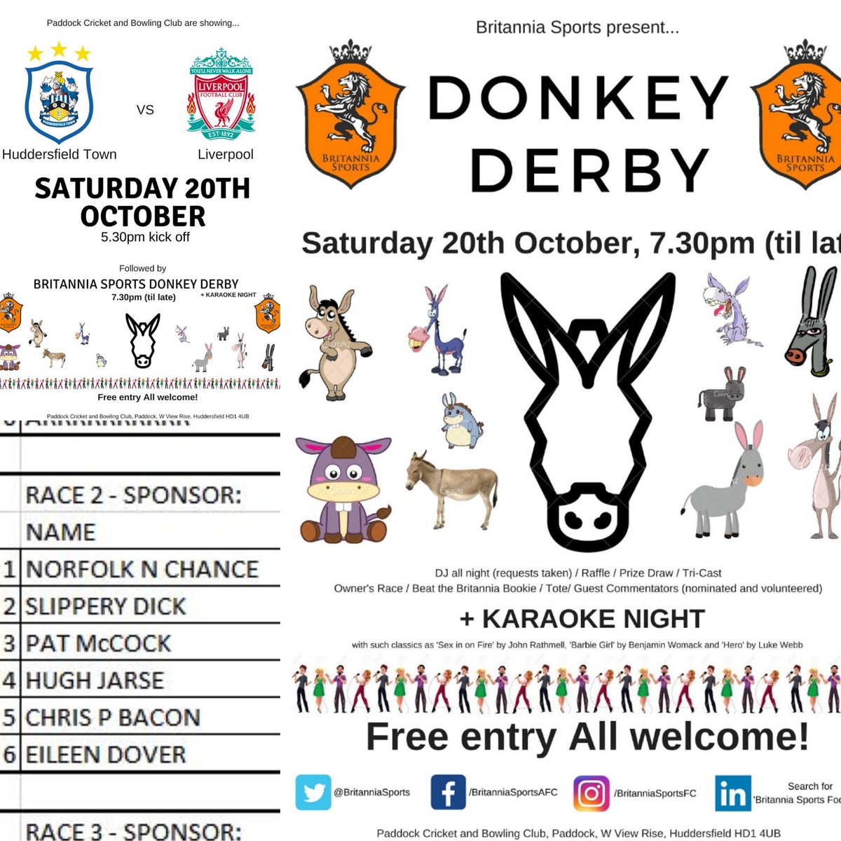 Busy one today! 

1sts <a href="/PaddockCclub/">Paddock Cricket Club</a> v <a href="/AFCLindley/">AFC Lindley</a> 
3rds away v @MarsdenFootball 

@htafcdotcom v <a href="/LFC/">Liverpool FC</a> in the club after 

THEN

The Donkey Derby! Can you beat the Britannia Bookie?? 

Plenty going on today come and join us 😁

⚽️🍺🏇