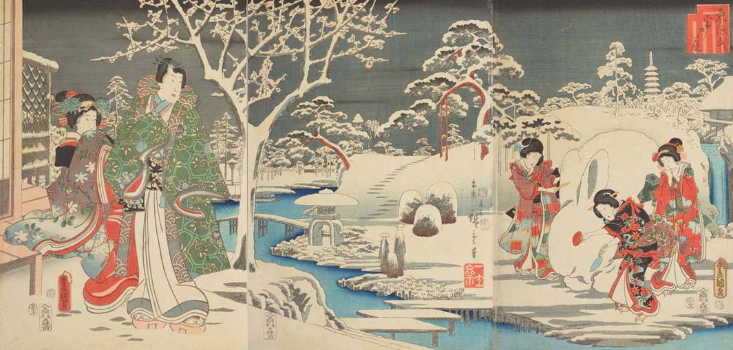 可愛いウサギの雪だるま。赤い盃を目にするようです。こちらの作品は