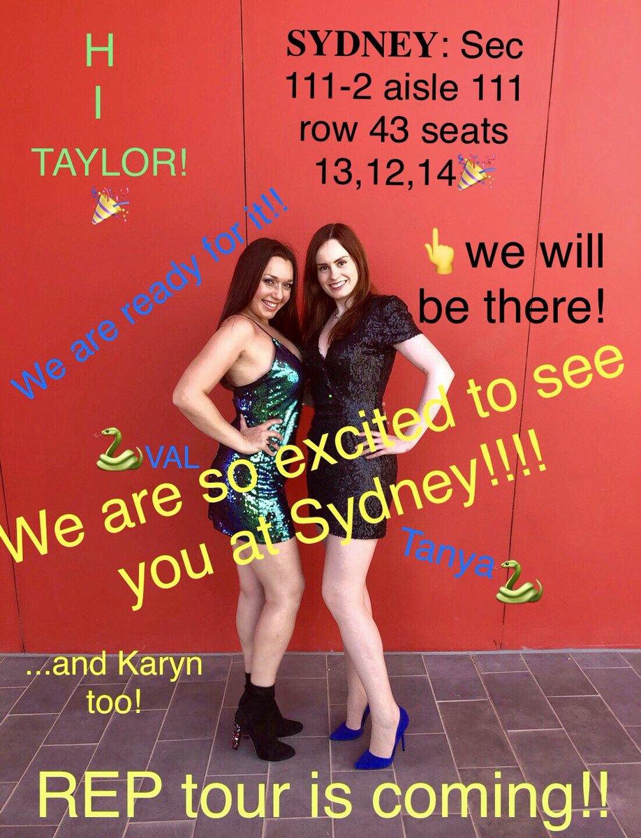 aussie_swift's tweet photo. Taking my friend for her very first Taylor concert at the #RepTourSydney 🎉 The ticket is her Birthday present🎁 we are SO READY for it!!🐍🐍🐍 #repTourAustralia 🇦🇺 @taylornation13 @reptournotices @taylorswift13 https://t.co/Dn3NRc8b7H