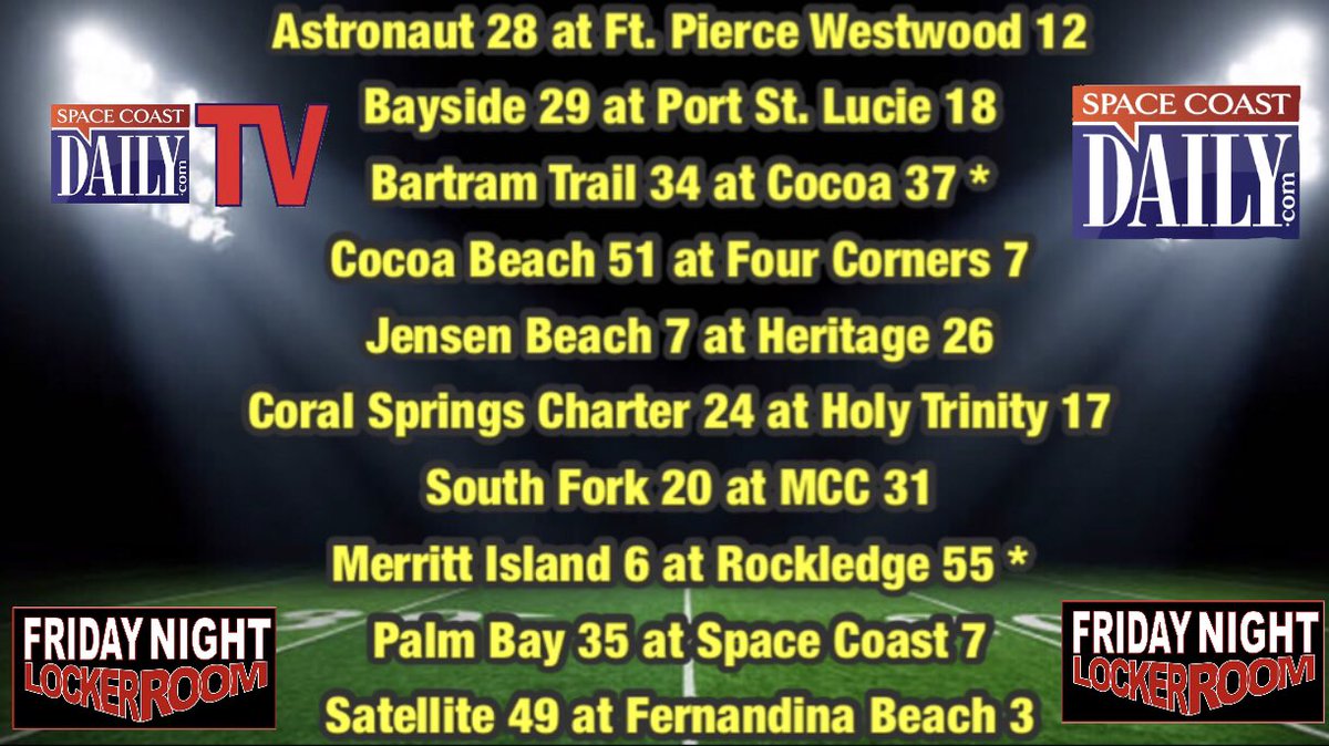 zlotsports's tweet photo. Week 9 #BrevardCounty 🏈🏈results courtesy of @SpaceCoastDaily and the @FridayNightLR ....Congrats to @CocoaFootball , @RockFootball1 ,@pbhs_football @ScorpFootball @BaysideBears1 @CBHSMinutemen &amp; @AstronautFB who all won representing #321Football https://t.co/7gHpf5qw8C