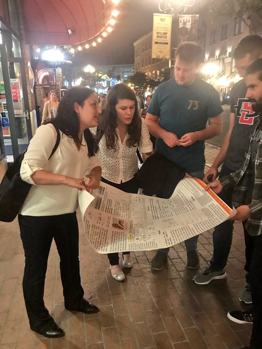 katie_leap's tweet photo. Walking Gaslamp, stopped by a group of guys looking for a good bar, showed them a good poster instead. #ASHG18 #realworld #scicomm https://t.co/mWp3xVXY4B