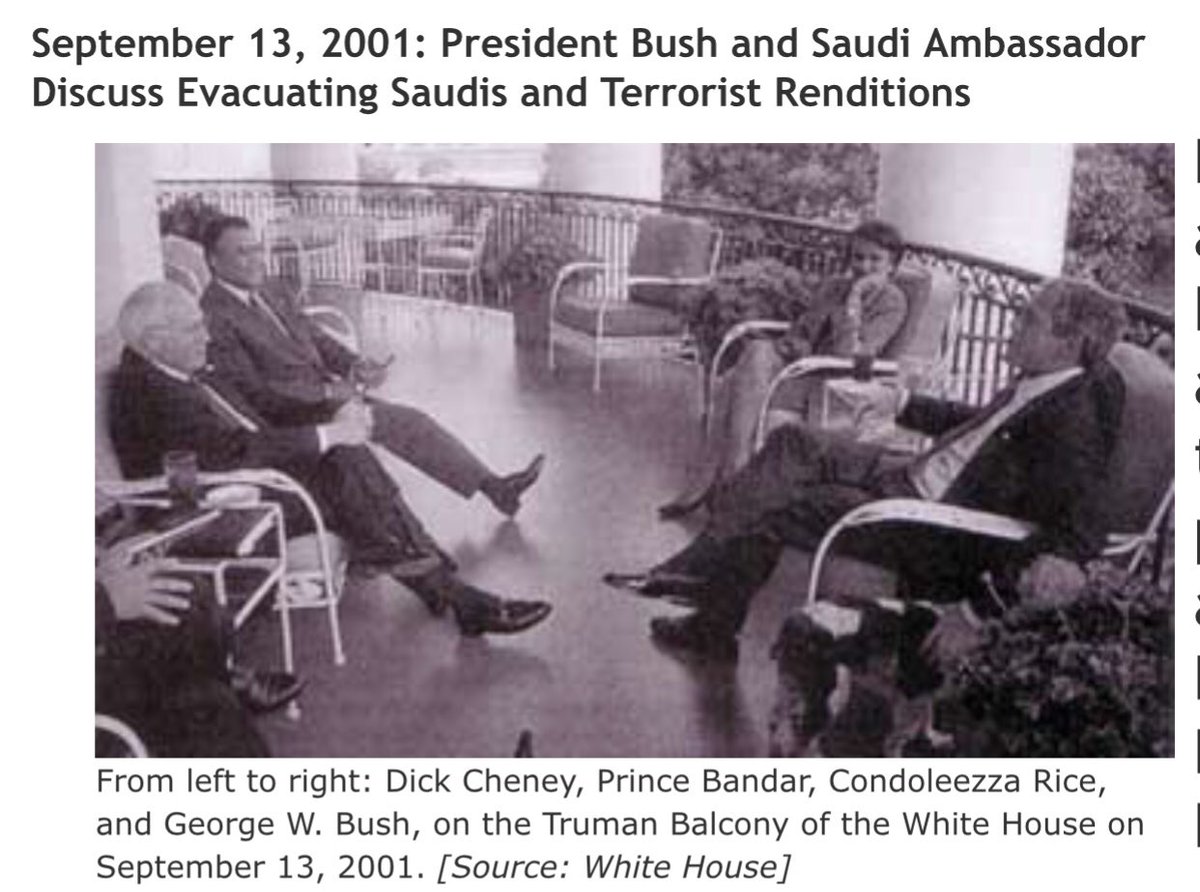 Just days after 9/11, Ambassador Bandar and George Bush conspired to fly the bin Laden family and others - who all had diplomatic status - to safety. They left the country before they could be checked by the FBI