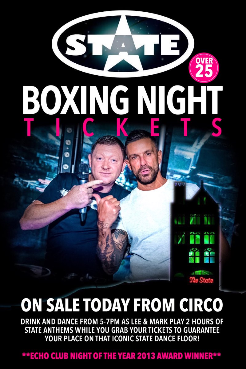 TheStateReunion's tweet photo. THIS COULD BE YOUR ONLY CHANCE TO JOIN US ON BOXING NIGHT AT THE STATE BALLROOM... If tickets sell out today there will not be any available to buy online.

@Circo_Liverpool 5-7PM TODAY

DON’T SAY WE DIDN’T WARN YOU 😉

@DjLeeButler @Djmarksimon @DjSteMcGee https://t.co/T3ztep3Cuy