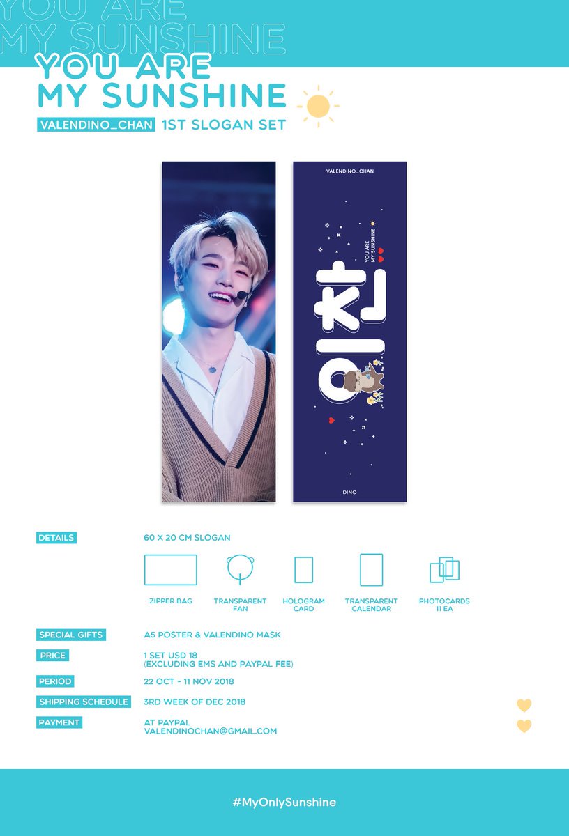 svts_junhui's tweet photo. [ 🇵🇭 NON-PROFIT PH GO ] [Please help RT 🙏🏻]

@ValenDino_Chan's 1ST SLOGAN: YOU ARE MY SUNSHINE
🌞 Price: 1090 PHP
🌞 Special gifts included~
🌞 DOO/DOP: November 10, 2018
🌤 Form: https://t.co/6ReTspWkk4

#SEVENTEEN #이찬 #디노 #DINO #ディノ #PHGroupOrder https://t.co/OzMS250a3u