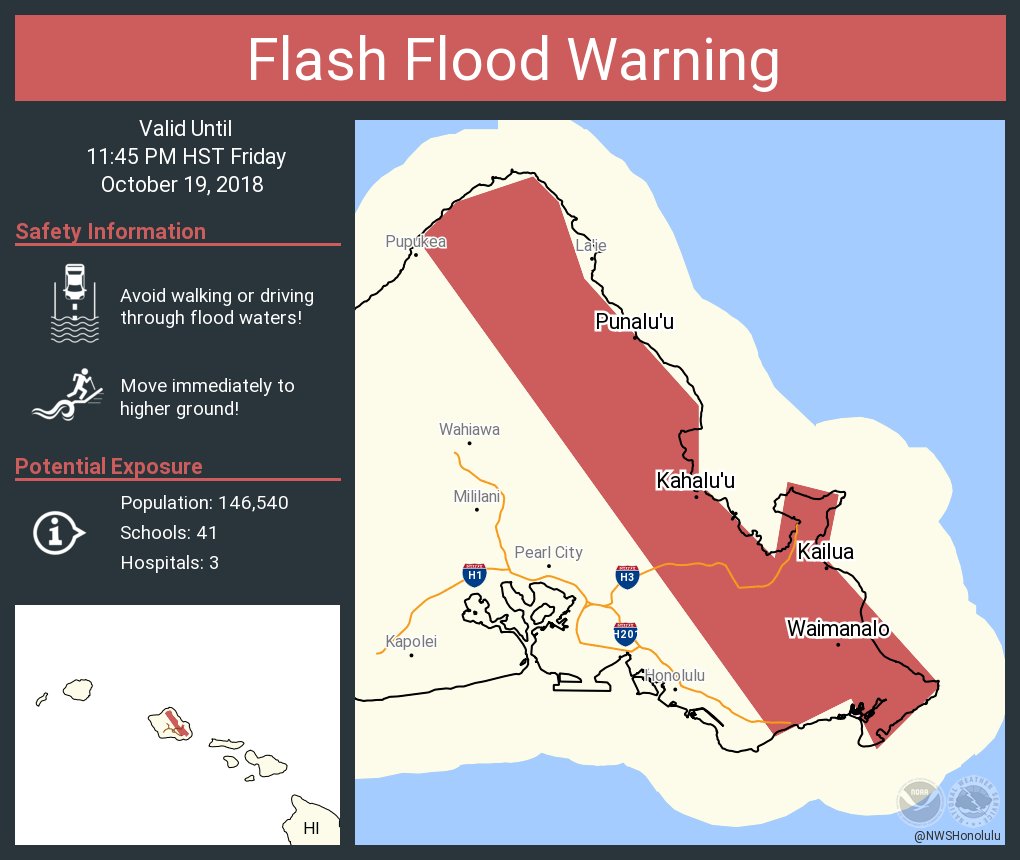 NWSHonolulu's tweet image. Flash Flood Warning including Kailua HI, Kane'ohe HI, Waimanalo HI until 11:45 PM HST