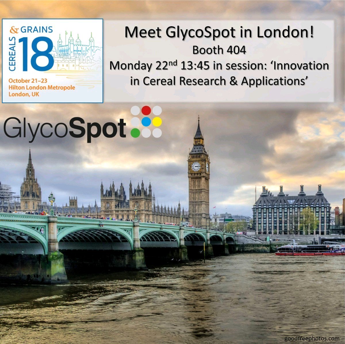 GlycoSpot's tweet photo. #CerealsGrains18 is starting this weekend in #London. We are looking forward to present our latest #innovation  for #millers and #bakers. Come and meet us at booth 404! 
@AACCIntl #enzyme #amylase #xylanase #flour #starch #cereals #grain #enzymescreening https://t.co/T5HVK0L5V3
