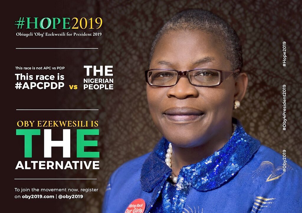 The race is #APCPDP vs The Nigerian People! 

A vote for <a href="/obyezeks/">Oby Ezekwesili</a>, is a vote for CHARACTER, COMPETENCE and CAPACITY.

Together, we will build the #NewNigeriaOfOurDream 

#Hope2019 #Oby2019 #Oby4President2019 #IComeWithHope #ProjectRescueNigeria