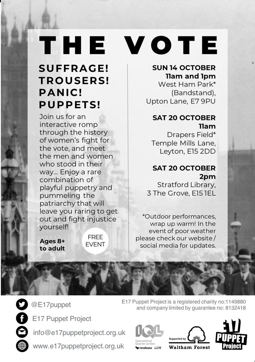 e17puppet's tweet image. Last chance for a wee while to see our latest show 'The Vote' today - catch it in #Leyton, #Stratford or #Walthamstow

#E10 #E15 #E17 #freeevent #theatre #family #WomensRights