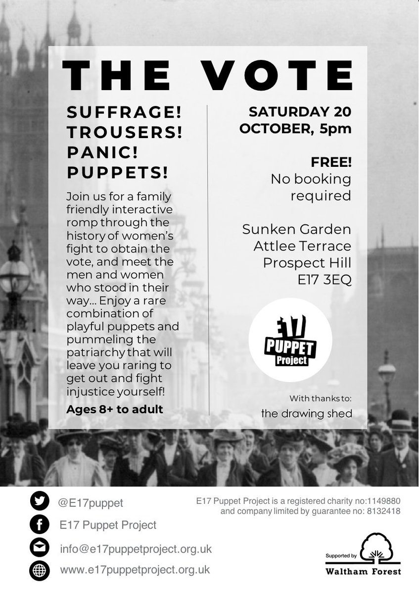 e17puppet's tweet image. Last chance for a wee while to see our latest show 'The Vote' today - catch it in #Leyton, #Stratford or #Walthamstow

#E10 #E15 #E17 #freeevent #theatre #family #WomensRights