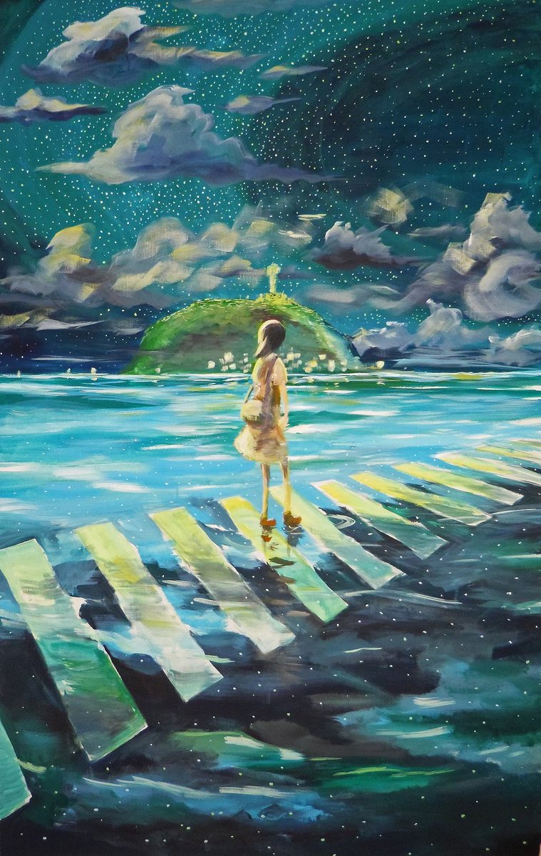 なお 空想絵画物語 再録シリーズ 星の海 夜の海 江ノ島の灯台の元で行われているアートイベントで描きました ものスッゴい強風の日でした あれは忘れられない 笑