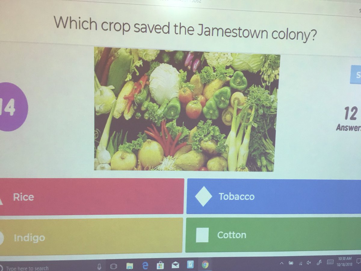 LHolmes_cooley's tweet photo. My students using the game-based platform Kahoot to review VS 3 Jamestown Standards of Learning.  @CESGoPanthers @CCPS_VA @MTinsman_edu @mgrosstaylor #1to1initiative #studentengagement #technology-integration https://t.co/gWCeIpnLvt https://t.co/HwXd88z6Ol