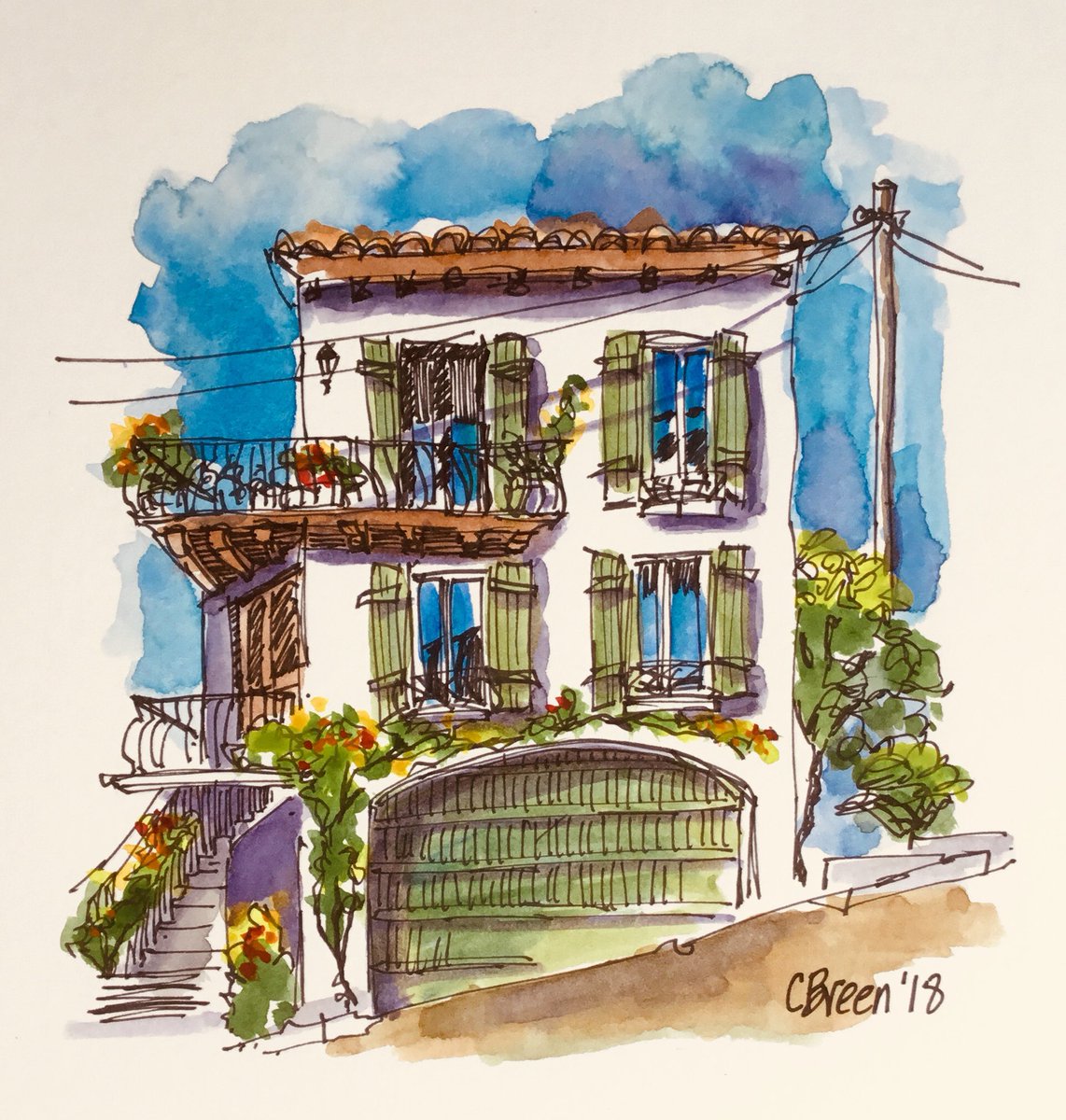 #Mediterraneanarchitecture #usk #urbansketchers Love the balcony and wrought iron.   Beautiful home!