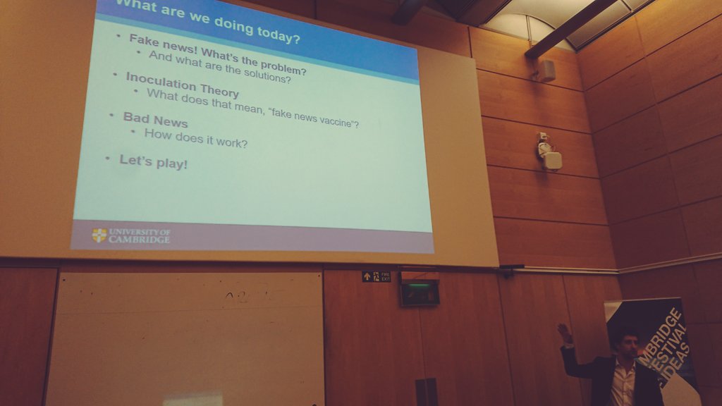 CSDMLab's tweet photo. Jon Roozenbeek (#CSDMLab) on how to inoculate yourself against #FakeNews by playing the https://t.co/hp7BpYWF3y game | @Cambridge_Uni @CamIdeasFest #InoculationTheory https://t.co/PRXL6GDiko