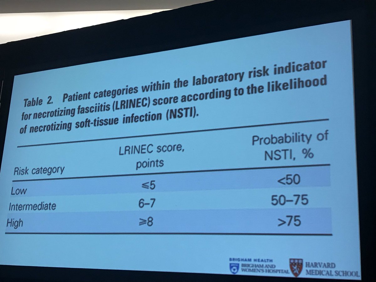 Herniadoc's tweet photo. Have you heard of the #LRINEC score? Includes CRP etc. score greater than 6 with very high specificity (97%) for #NSTI. #ACSCC18 @AmCollSurgeons @BrighamWomens https://t.co/vNXJs2hF1t