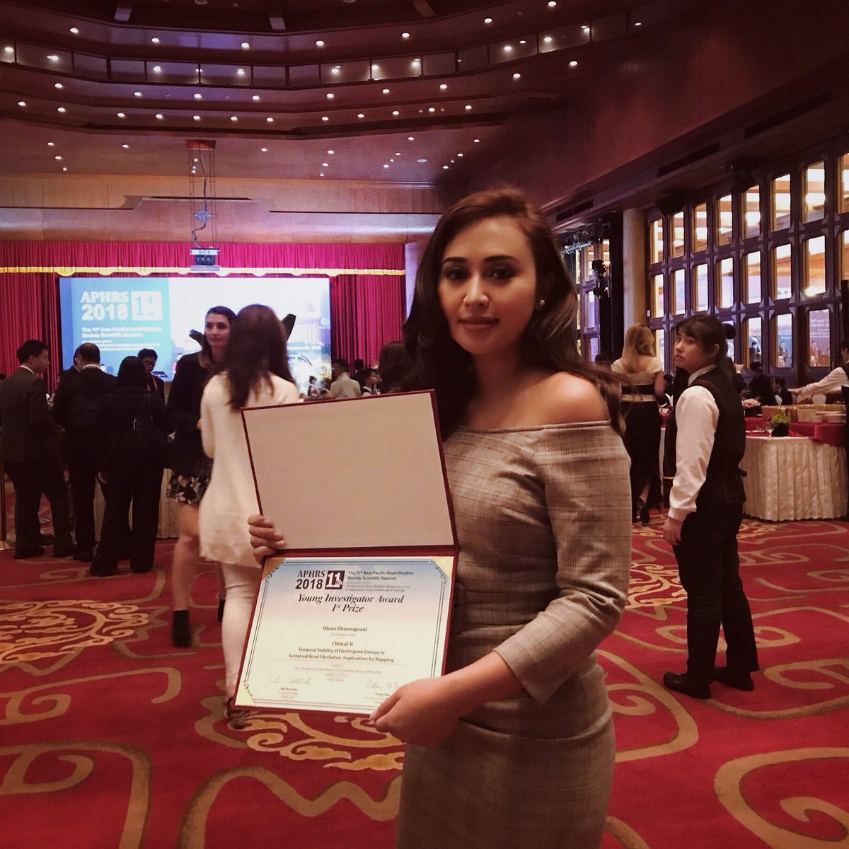 DDharmaprani's tweet photo. Thank you very kindly to #APHRS2018 for letting me receive the incredible honour of being awarded Young Investigator! @Anand_Ganesan1 https://t.co/SjiDcr3fDQ