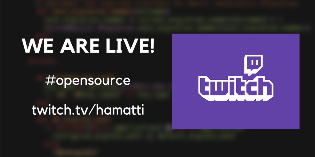 Hamatti's tweet photo. I'm super psyched! My first stream on @Twitch is now live at https://t.co/xJR0eRxn4N. I'll be working on #opensource #software, starting with a rewrite of my old project in #reactjs.
#spiceprogram #webdev https://t.co/CYUdGtFqCy