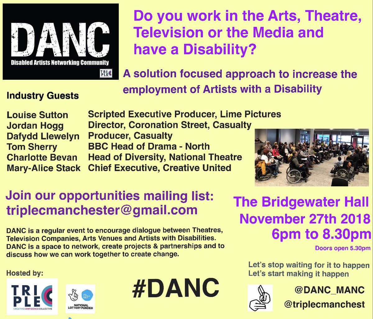 cheryleehouston's tweet photo. @thepeterhunt Are you a Professional Artist with a Disability?

We’re so excited to announce the Industry Guests for the next #DANC 

Be part of the conversation

27th November @BridgewaterHall  6-8.30pm

@triplecmanchest @DANC_MANC  pls RT

⬇️⬇️🤗👇

https://t.co/SGjsKD4Kmj https://t.co/aAfXCJcjti