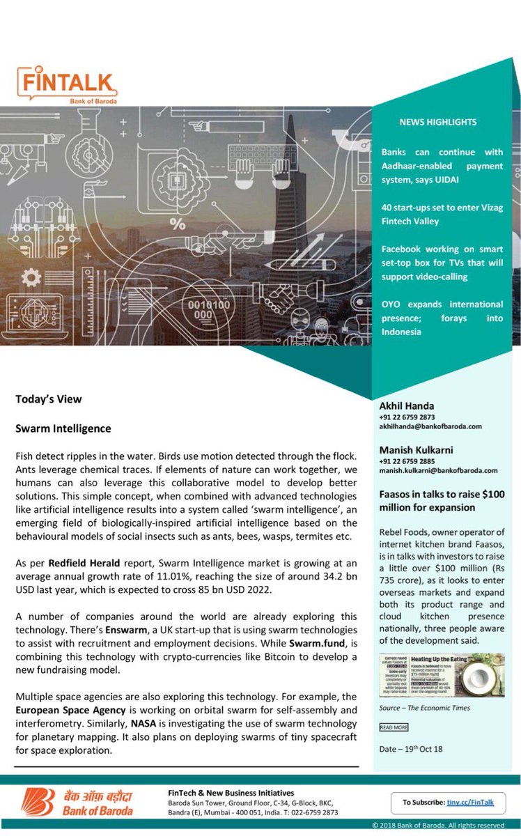 bankofbaroda's tweet photo. Swarm Intelligence: AI inspired by the nature! Read more about them in today's Fintalk!
Subscribe here to get more such #Fintech updates:
https://t.co/Pvs1VPpem8
#NASA #StanfordUniversity #UnanimousAI #VanoraRobots #Enswarm https://t.co/WjerwF2ibB