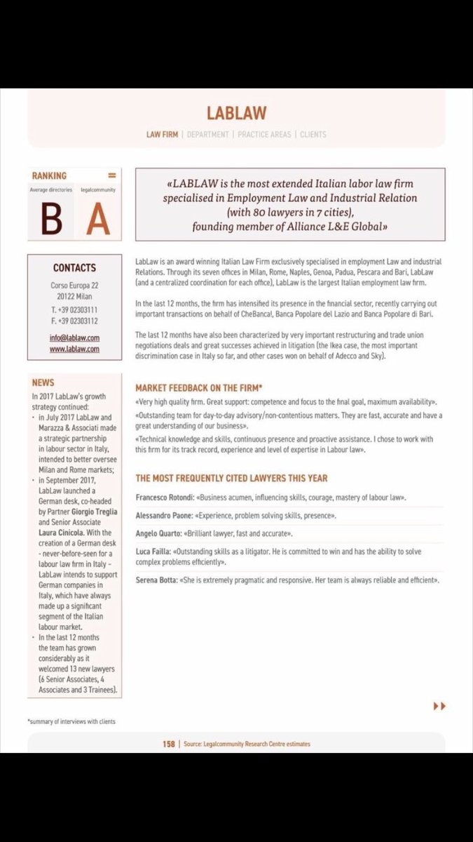 SerenaBotta13's tweet image. Un altro traguardo per #LABLAW, riconosciuto dal #LabourReport2018 di #Legalcommunity per la “very high quality”,il suo “outstanding team” e la “technical knowledge and skills, continuous presence and proactive assistance”. Un onore essere tra i the most frequently cited #lawyers
