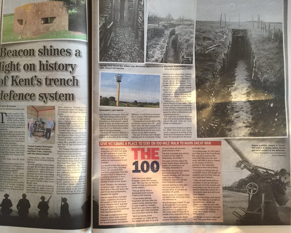 NewingtonHG's tweet photo. Look out for your @KMSittingbourne paper this weekend. Lovely double-page spread about Kent's #WWI defences and #Newington commemorative beacon erected as tribute to #Fallen for #centenary of the war's end. @KM_newsroom https://t.co/5zaoxe0uzG
