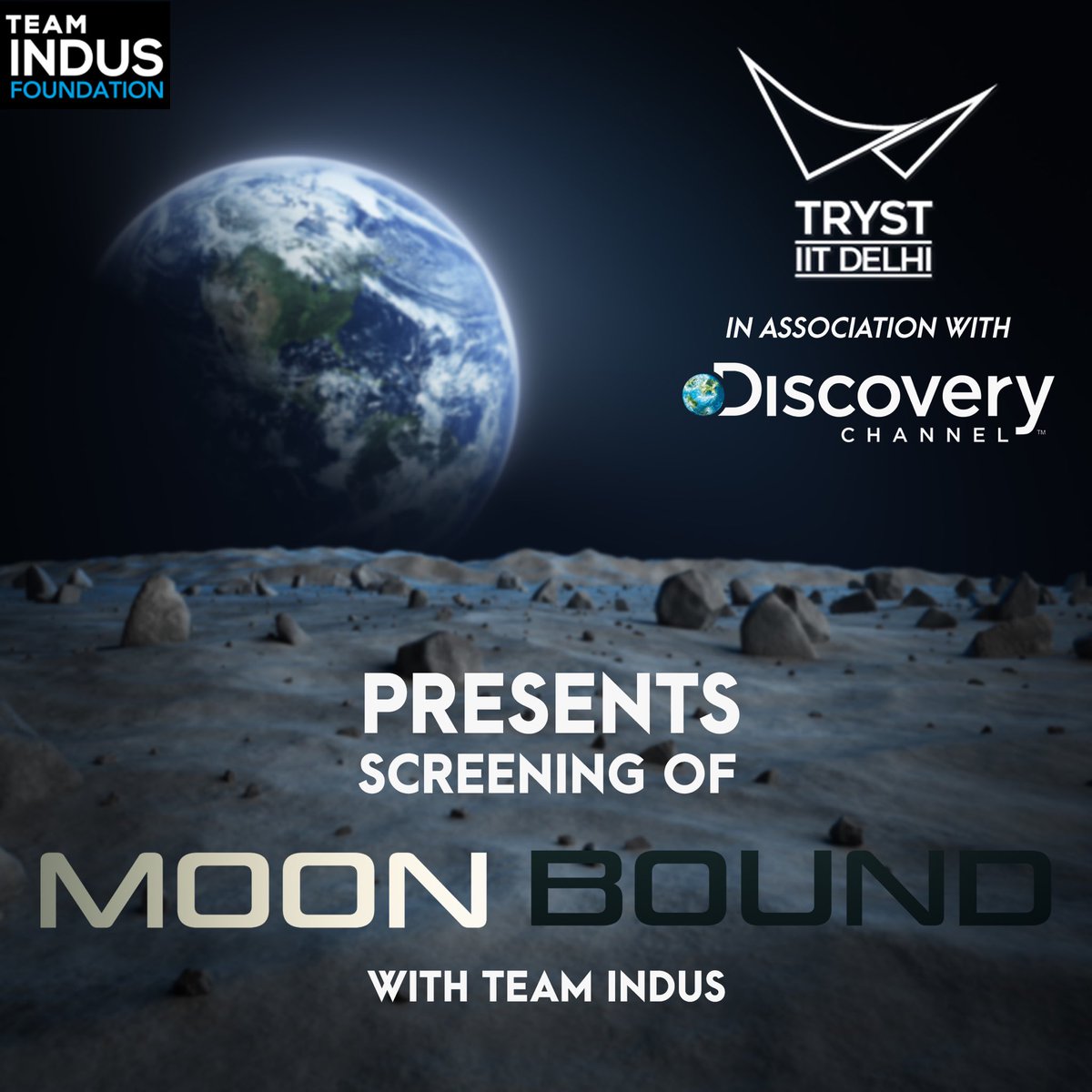 DiscoveryIN's tweet photo. Tryst, IIT Delhi in association with Discovery Channel is proud to present the audacious journey of TEAMINDUS’ attempt to launch a lunar mission - making it the first time that a private enterprise is setting its sight on the outer space. 

@TeamIndus @IITDTryst https://t.co/mV9191XZpQ