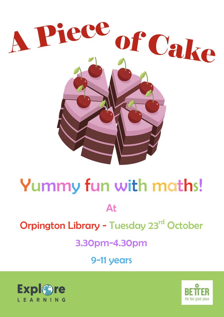 Maths can seem unappetising, so who fancies some yummy fun with #maths instead? @ELOrpington tutors are holding a free workshop suitable for kids aged 9-11 on Tue 23 October from 3:30-4:30pm at #Orpington Library <a href="/BromLibraries/">Bromley Libraries</a>. Ring 01689 831551 to find out more &amp; book a place.