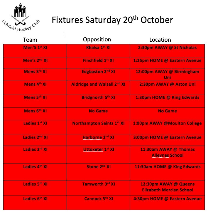 LichfieldHockey's tweet photo. Good luck to all teams that are playing today! Week 4 is already here! Time flies when you're having fun! You can find the teams in action today by looking at the photo below, why not go and show some support!!! #3spires #3points https://t.co/fUMnuBZhhZ