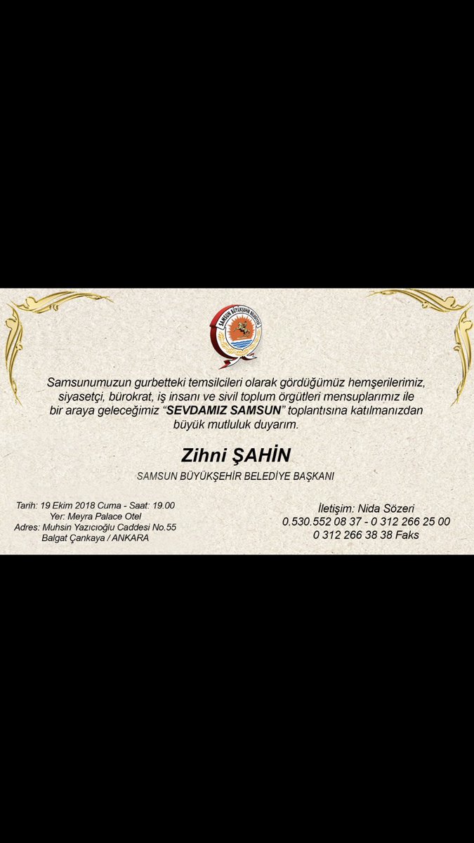 Samsun Büyükşehir Belediye Başkanı Zihni Şahin Beyin Ankara Meyra Palace Hotel de düzenlediği ‘’Sevdamız Samsun’’ programına katılarak hemşehrilerimizle biraraya geldik. <a href="/burhan_ersoy/">Burhan ERSOY | 🇹🇷</a> <a href="/sahinzihni/">Zihni Şahin</a> <a href="/SamsunBSB/">Samsun Büyükşehir Belediyesi</a>