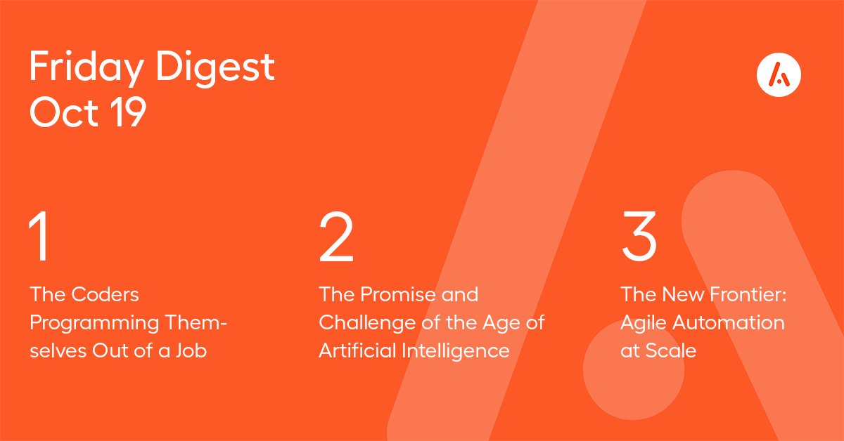 AutomationACDMY's tweet photo. Stay tuned to trending #AI articles with our #FridayDigest:
•  The Coders Programming Themselves Out of a Job https://t.co/xdvozowbXQ
•  The Promise and Challenge of the Age of AI https://t.co/ofcNDAJrfK
•   The New Frontier: Agile Automation at Scale https://t.co/FxwIevmOP6 https://t.co/IvXV2Zk2Js