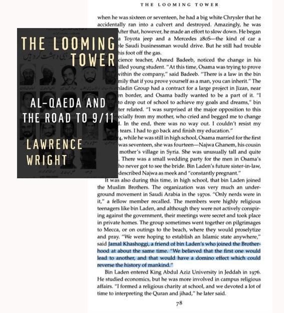 "We were hoping to establish an Islamic State anywhere" said  #JamalKhashoggi a friend of Osama bin Laden who joined Muslim Brotherhood at the sametime. "We believed that the first one would lead to another & that would have a domino effect which could reverse history of Mankind"