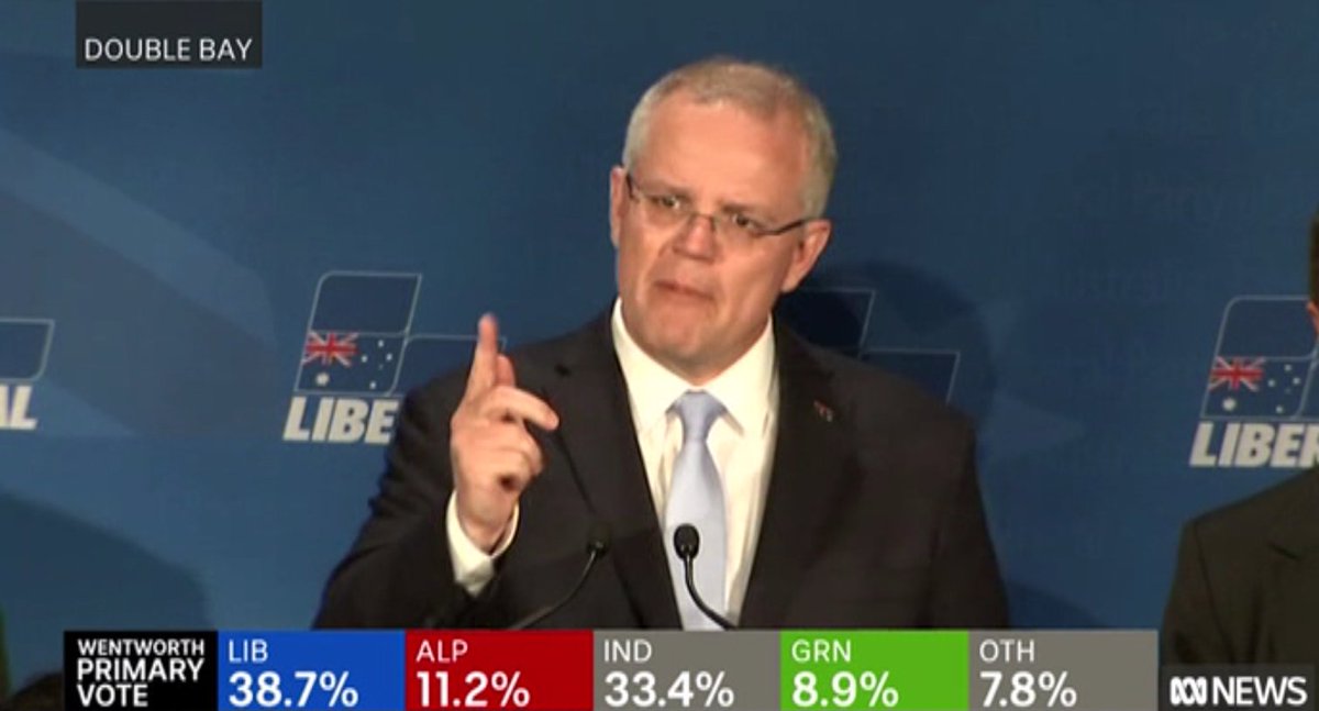 THE_Russell's tweet image. Morrison gives an evangelical sermon as if Sharma had won - to the diminishing Liberal crowd at Double Bay. #HappyClapper #WentworthByElection #auspol